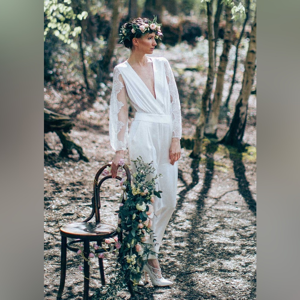 Sanyukta Shrestha Middlemist Ivory 100% Silk Wedding Bridal Jumpsuit UK10 US6 - Picture 8 of 12